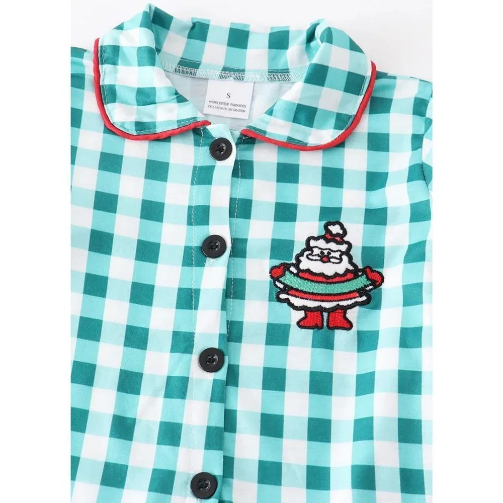 Green Plaid Santa Applique Ruffle Pajama Set Girls Sizes 3 4 6 Christmas PJs - Picture 2 of 6